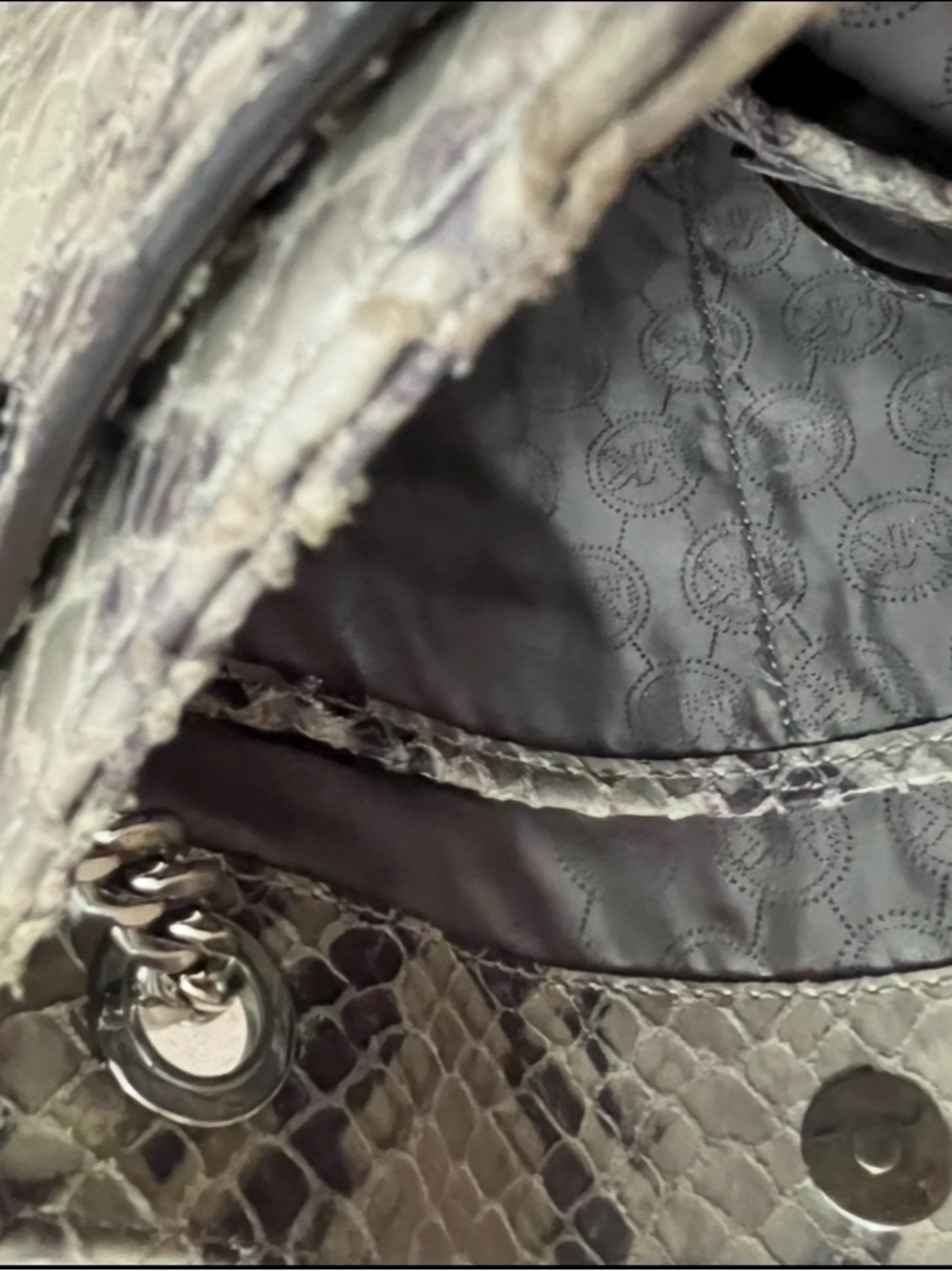 Python-Embossed Shoulder Bag in Metallic Gray